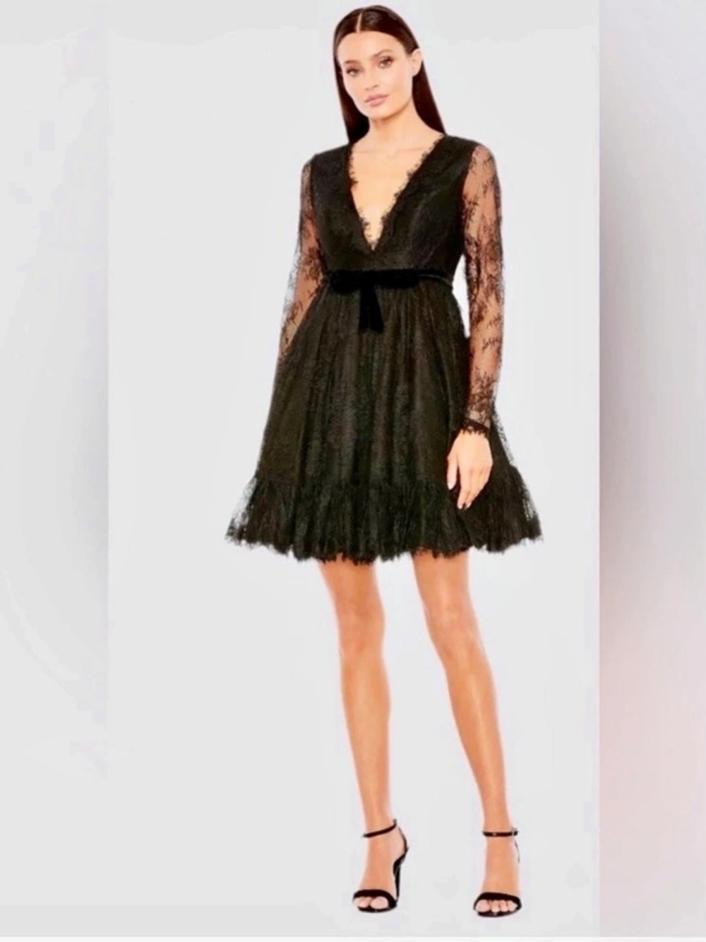 Mac Duggal Long Sleeve Lace Fit & Flare Minidress Black Lace Mini Dress Size 4